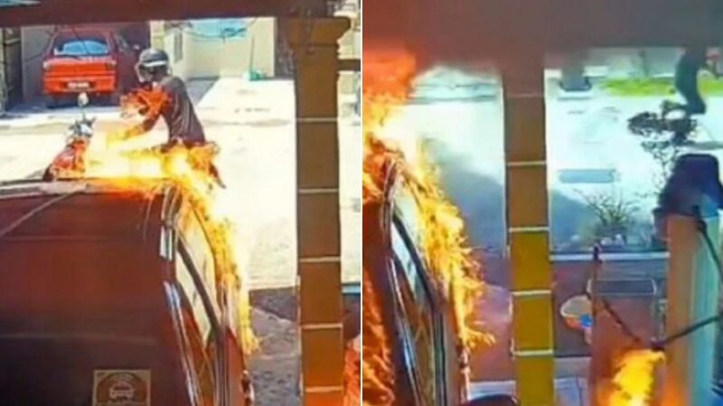 Lelaki nyaris rentung bersama motosikalnya yang terbakar selepas membakar dua kereta